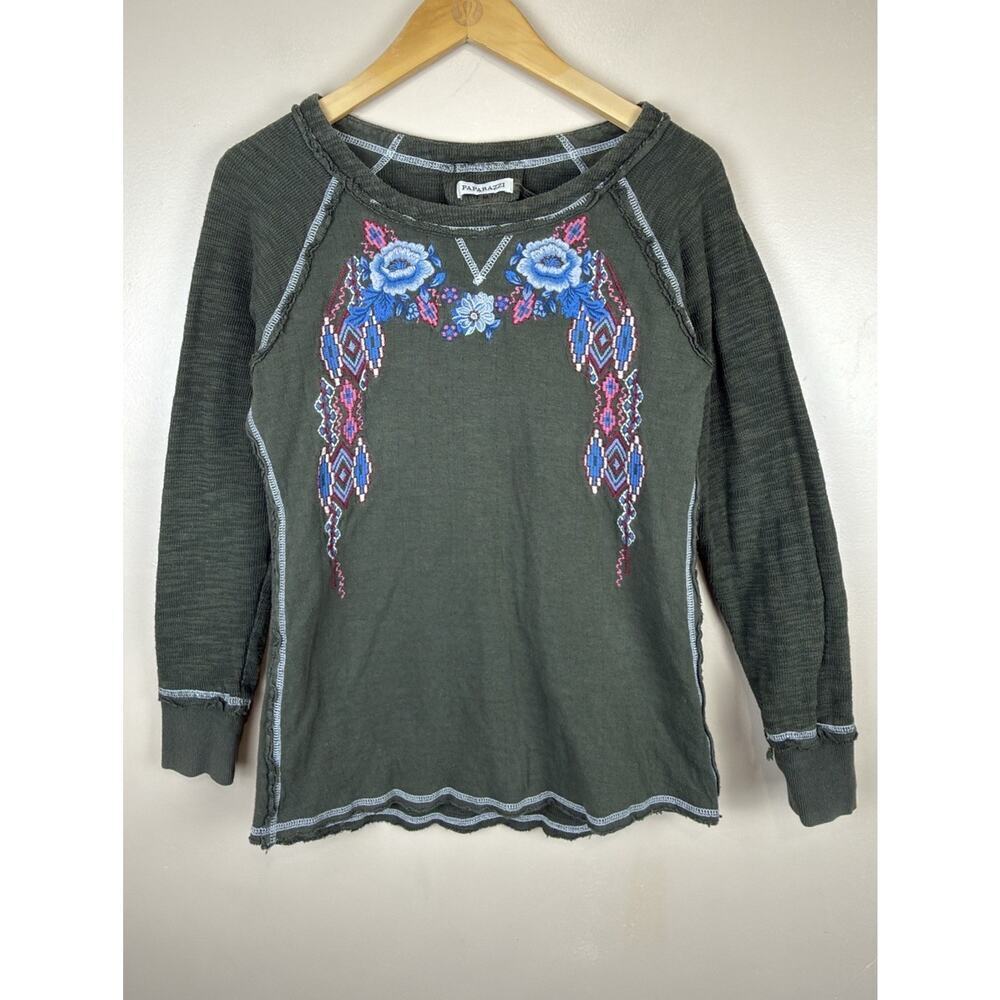 Paparazzi Women's Size M Green Floral Embroidered Top Long Sleeve Stretch Boho
